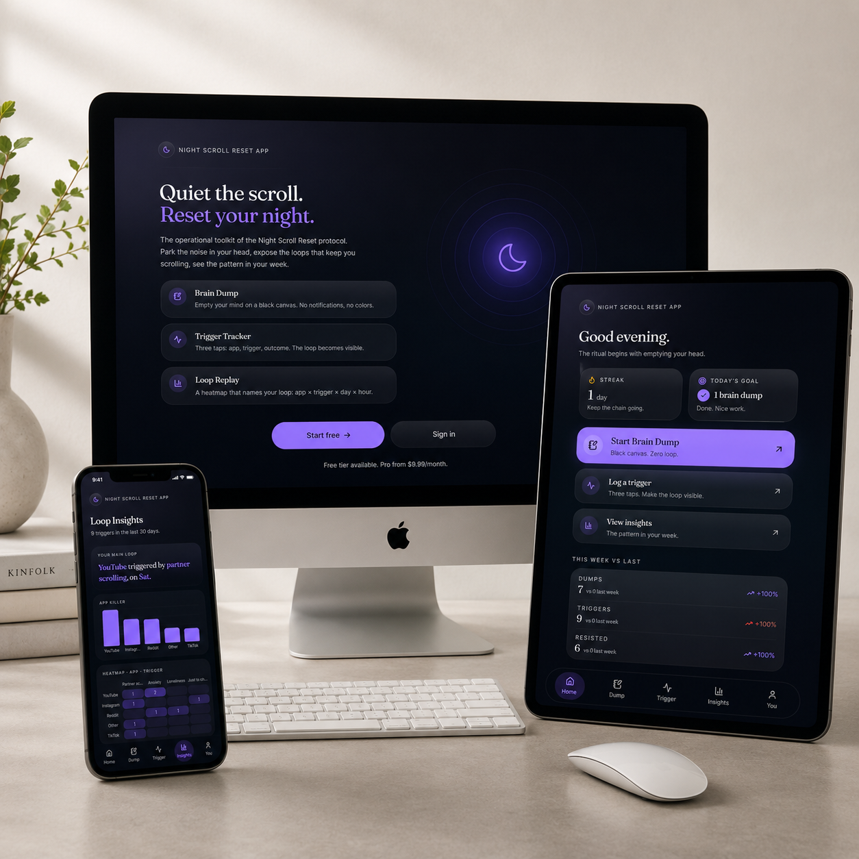 Night Scroll Reset app on desktop, tablet and phone